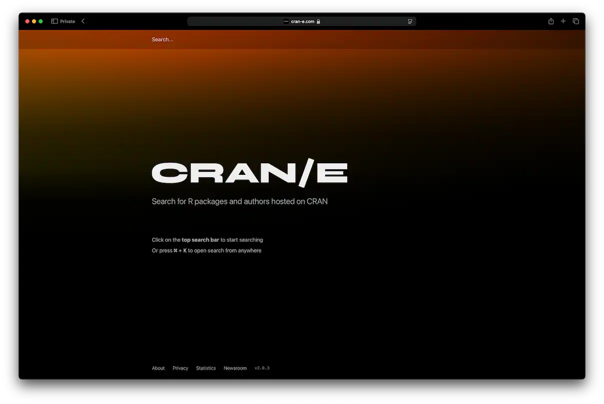 Screenshot of the CRAN/E 2.0 start page